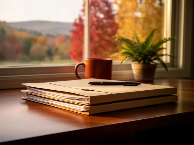 A neat stack of closed manila folders and a pen on a desk by a window.