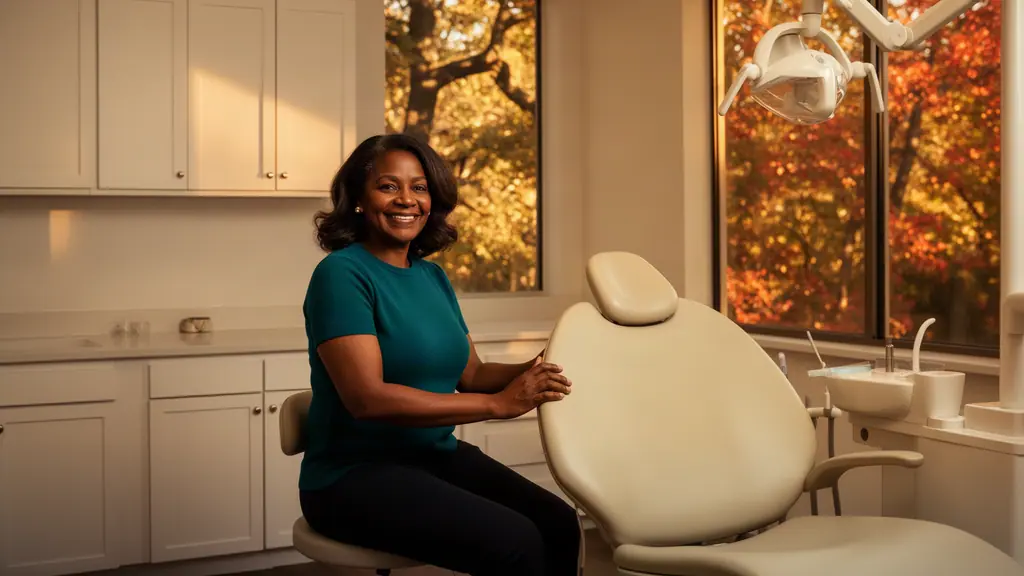 A smiling dentist seated beside a new dental chair in a warm, sunlit treatment room.