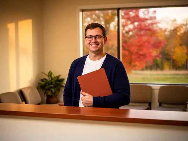 A clinic office manager holding a folder behind a reception counter.